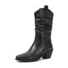 Pointed Toe Western Cowgirl Chelsea Mid Calf Boots Women Cossacks Cowboy Pleated Boots Wedges Femal Shoes Botas Mujer 34-45