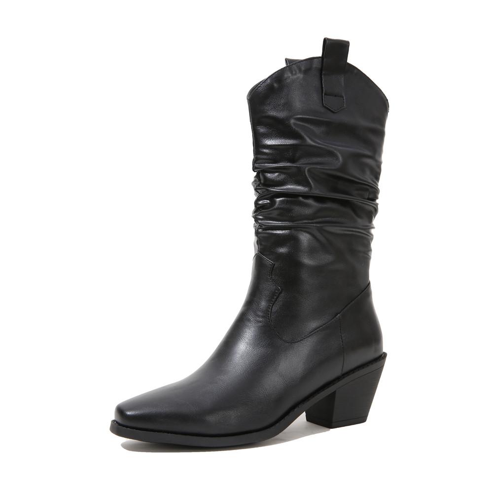 Pointed Toe Western Cowgirl Chelsea Mid Calf Boots Women Cossacks Cowboy Pleated Boots Wedges Femal Shoes Botas Mujer 34-45