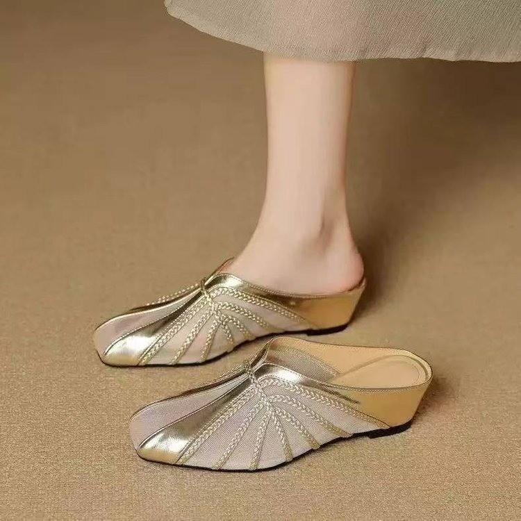 Soft Leather Mesh Yarn Baotou Half Slippers Children 2025 Spring and Summer Outer Wear Non-slip Soft Sole Retro Soft Sole Middle Heel Muller Shoes