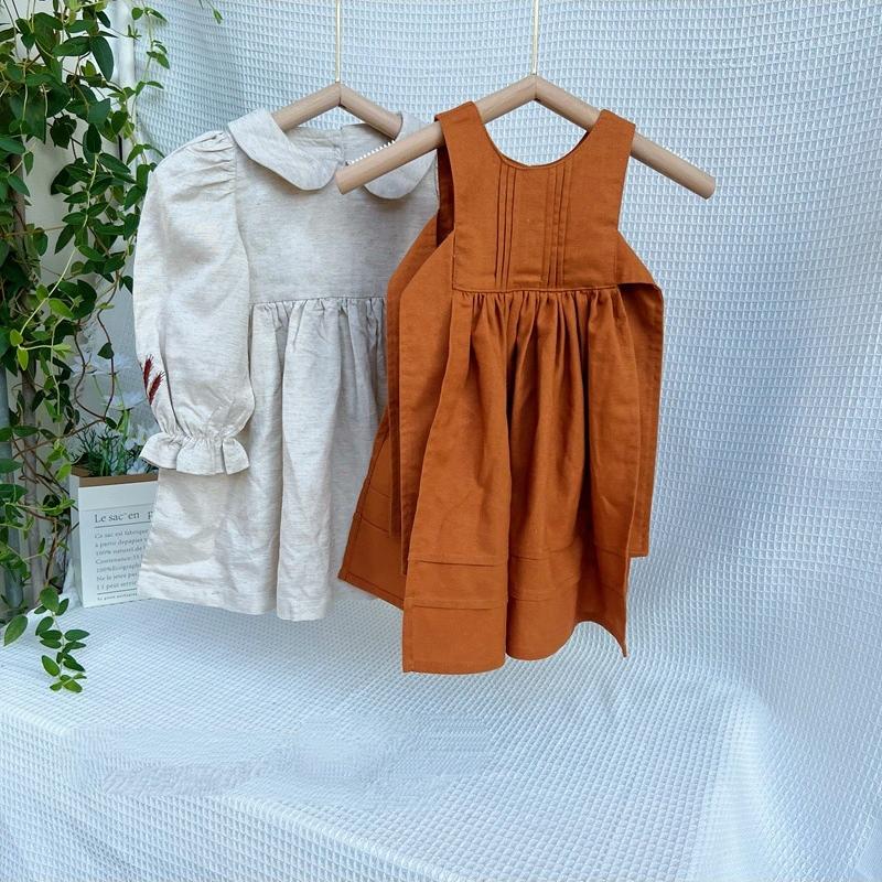 Girl Princess Dress 2023 Spring Autumn New Korean Kids Orange and Beige Retro Cotton Linen Embroidered Dresses Two Piece Set