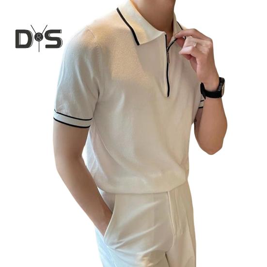 Men Summer Shirt Thin Knitted Short Sleeve Zippered Lapel Top Stretchy Hem Striped Solid Color Loose Shirt for Commuting Travel Outdoor