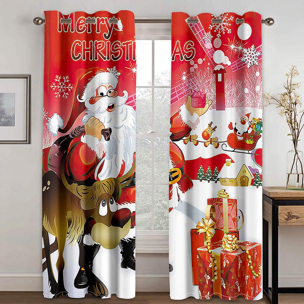 3D Christmas Curtains Christmas Christmas Tree Snowman Red Curtains Balcony Living Room Window Decorative Curtains 2 Panels