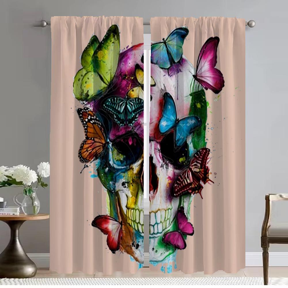 Window Curtain for Room 2 Panel Flower Skull Curtains for Bedroom Halloween Decoration Partition Home Interior Curtains Living