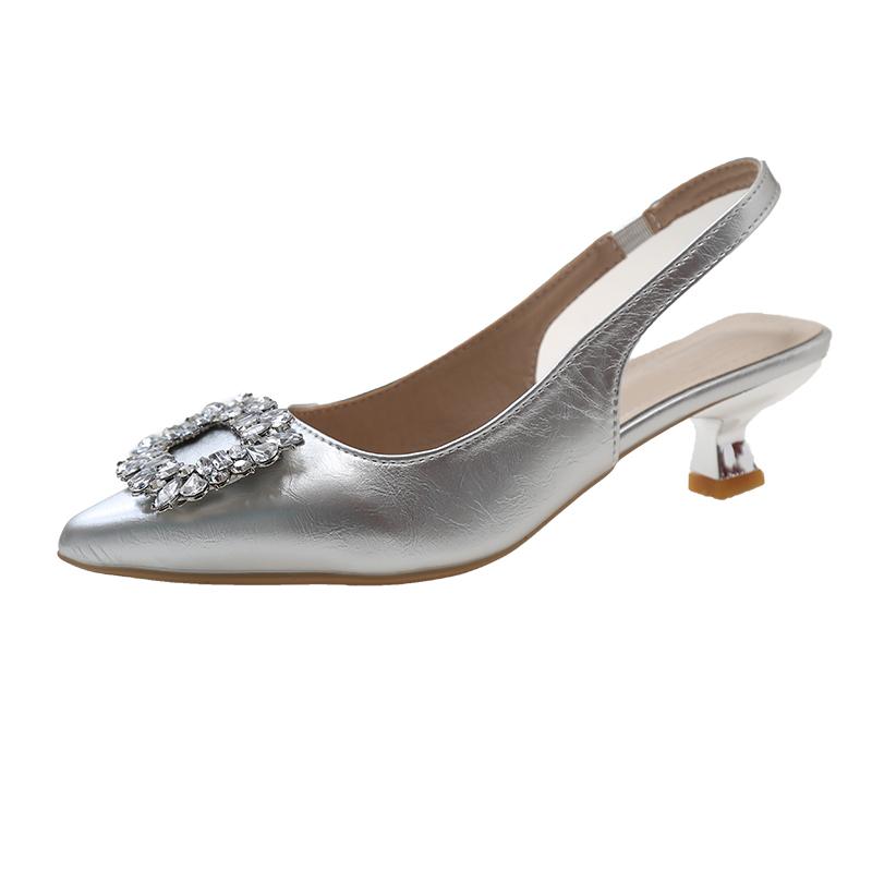 Summer Women Sandals New Women's Shoes Pointed Toe Shallow Nude Pink Diamond Shoes Low Heel Back Strappy Women Dress Shoes