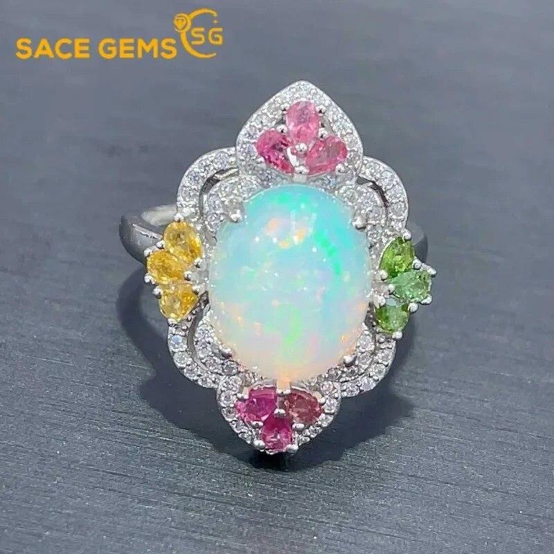 Sace Gems 925 Sterling Silver Certified 10*12MM Natual Opal Rings for Women Engagement Cocktail Party Fine Jewelry Gift
