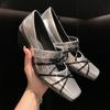 Sweet and Cool Mary Jane Small Leather Shoes Women's 2024 New Design Sense Niche Bow Silver Square Head Thick Heel Single Shoes