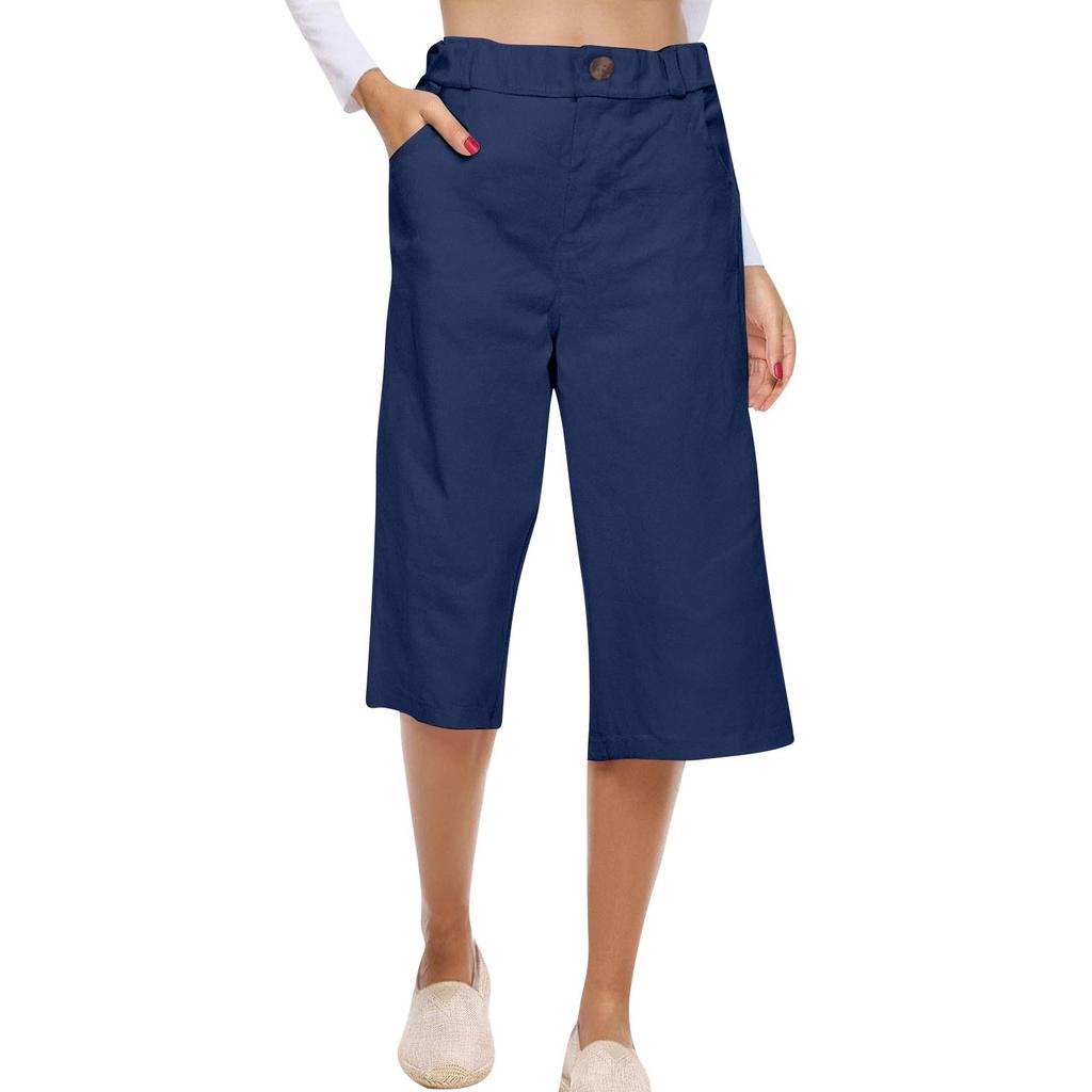 Women's Solid Color Cotton And Linen Fashionable Loose High Waist Cropped Casual Pants
