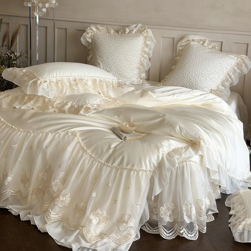 4 Pieces Premium French Princess Style Cotton 100% Bedding Set Large Duvet Cover Queen King Size Pillowcase Bed Sheet Summer