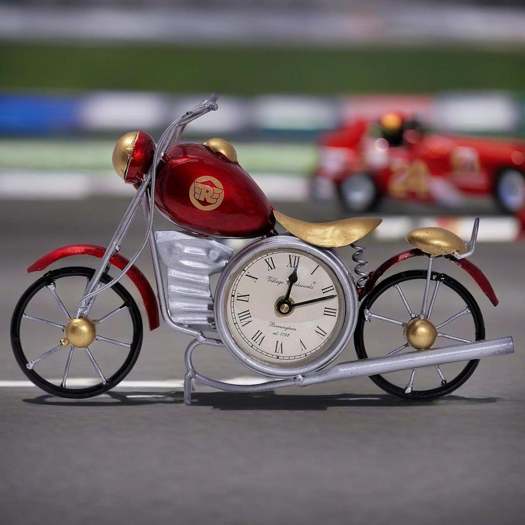 Vintage Royal Bullet Motor Bike with Antique Clock | Rustic Iron Metal Decor Showpiece for Study Table, Desk, Office, Gifts (Red)