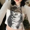 Harajuku Mosaic Cat Print Cropped Top Casual Basic Long Sleeve T-shirts Crew Neck Slim-fitting Tees Y2K