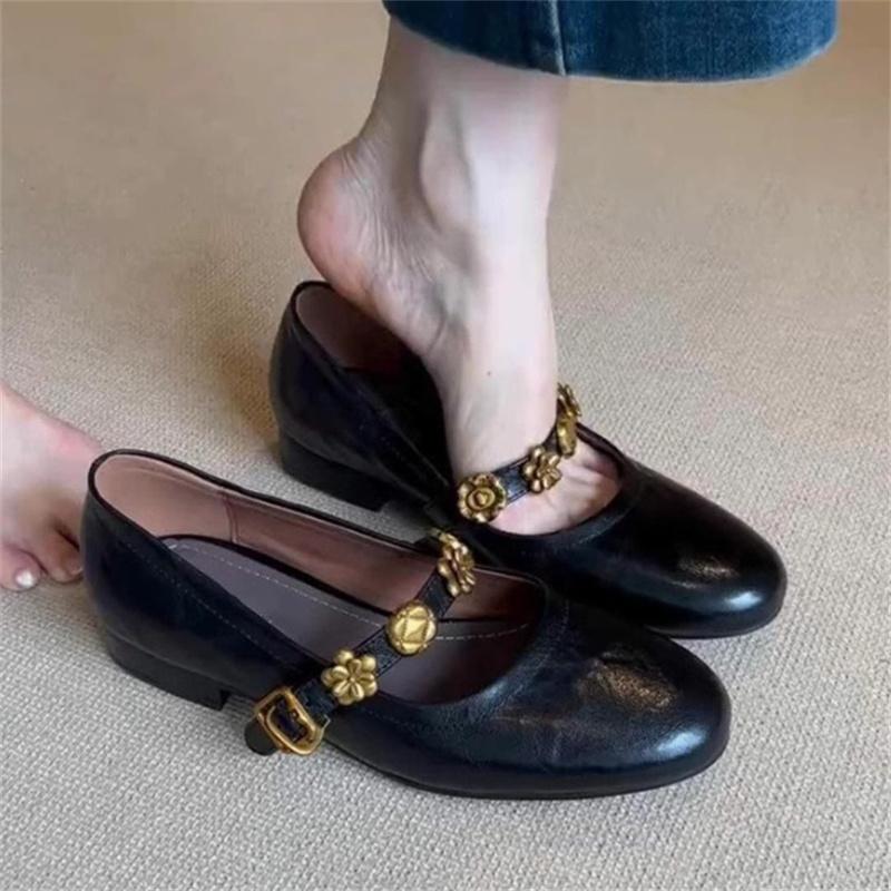 Metal Buckle Genuine Leather Women Mary Jane Shoes Women's French Shallow Mouth Single Shoes Low Heel Temperament Ballet Shoes