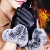 Women Lady Black Leather Gloves Autumn Winter Warm Rabbit Mittens