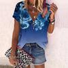 Women's Top Summer New Fashion Rose Flower Beautiful Flower Printed Casual Zipper V-neck Short Sleeve Top
