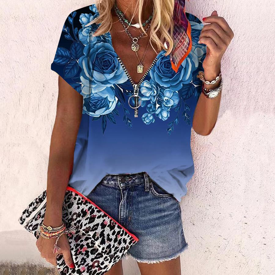 Women's Top Summer New Fashion Rose Flower Beautiful Flower Printed Casual Zipper V-neck Short Sleeve Top