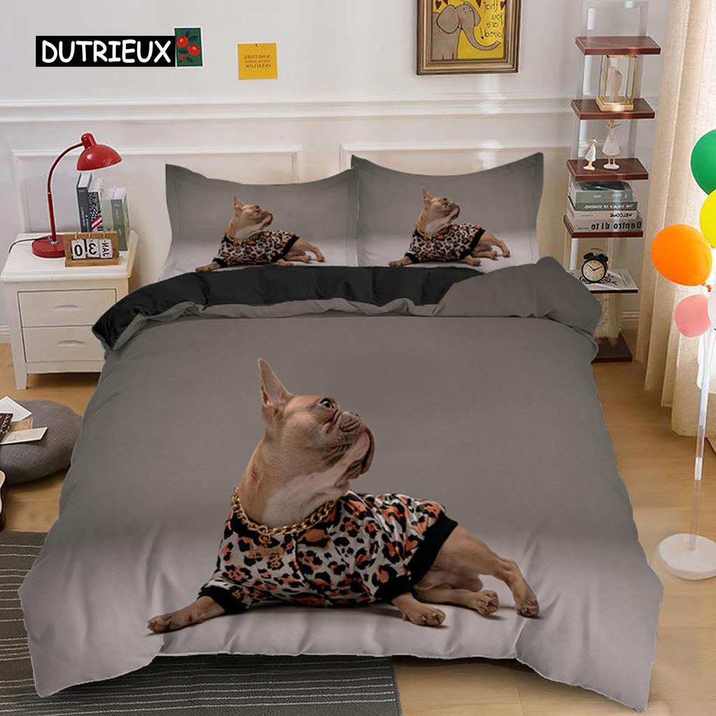Cute Cartoon Bulldog Pattern Duvet Cover Set King Full Size Bedding Set Room Decor Soft Microfiber Quilt/Comforter Cover 2/3PCS