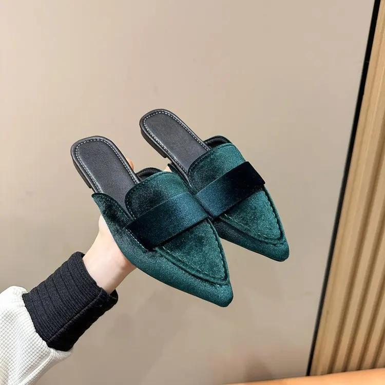 Fashion New Flats Mules Shoes Pointed Toe Women Slippers New Suede Summer Flip Flops  Casual Walking Fashion Slides Female Zapatillas