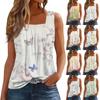 Women's Fashion Casual Pleated Square Collar Sleeveless Vest Print Summer T-shirt