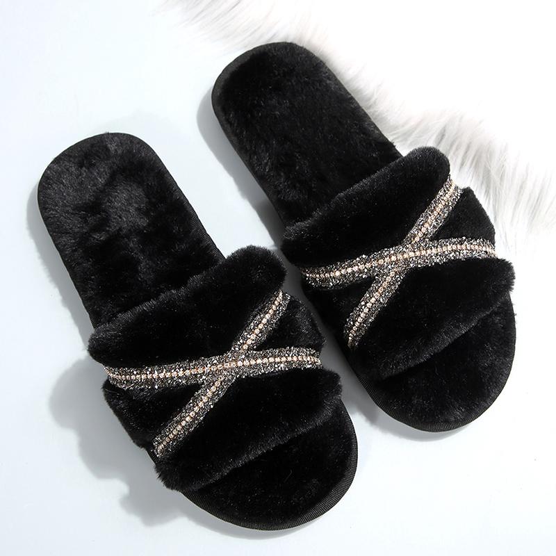 Fashion Elegant Crystal Plush Slippers Women Lightweight Slip On House Cotton Slides for Woman Winter Faux Fur Cotton Slippers Lady