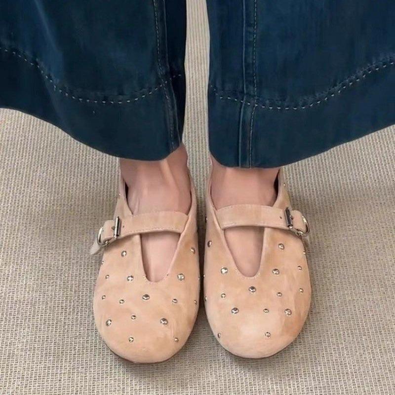 SummerMary Jane Shoes for Women Fashion Rivet Suede Classic Retro Brown Casual Soft Bottom Comfortable Ladies Flats