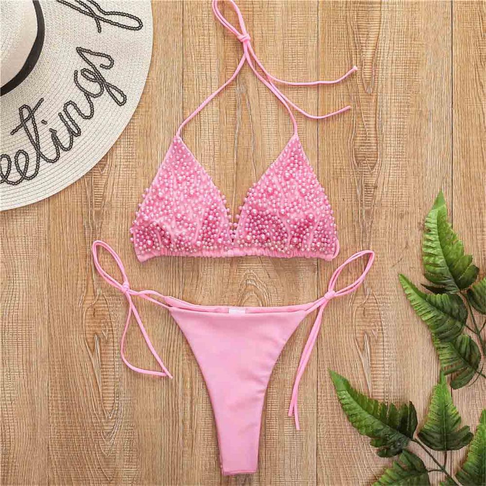 Halter Mini Bikini Female Swimsuit Women Swimwear Two-pieces Bikini Set Luxury Pearl Bather Bathing Suit
