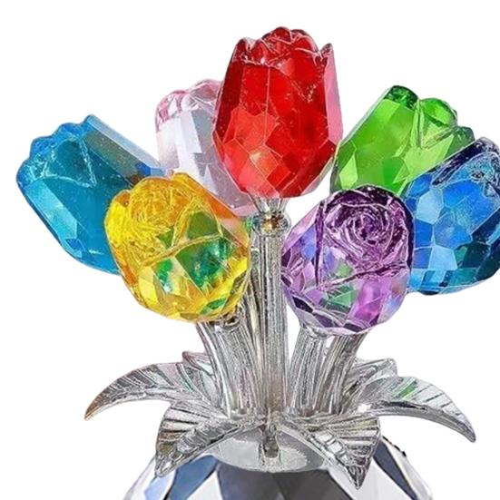 Yousheng Faux Crystal Rose Flower Ornament Handmade Bouquet Figurine Mini Flower Vase Decoration Wife Girlfriend Women Wedding Anniversary Birthday
