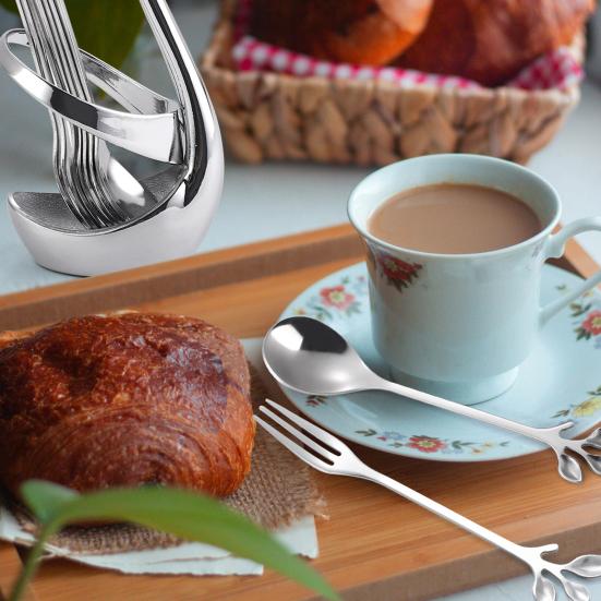 Stainless Steel Mini Fruit Forks Spoons with Non-Slip Handle Food-Grade Swan Storage Rack for Kids Desserts Snacks Parties Weddings