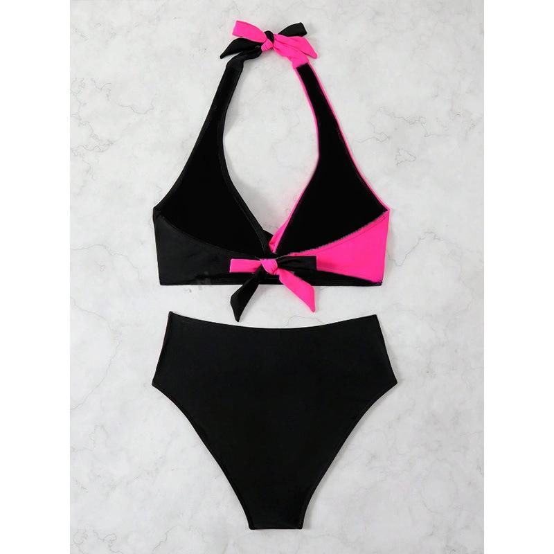 Women's European & American Color Block Backless High Waist Bikini Set