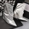 Fashion Silver High Heel Temperament Pointed Toe Mid-Tube Boots Small Man Short Boots Female Autumn