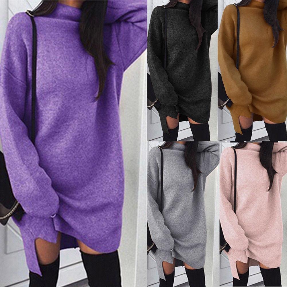 Зимнее теплое женское вязаное платье-свитер с длинным рукавом, водолазка, свитера, женская одежда