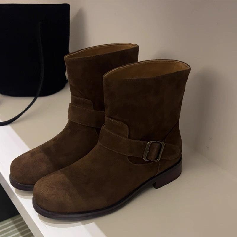 Sheepskin Version~ Retro Suede Matte Round Head Thick Heel Belt Buckle Short Boots Women's 2025 Western Cowboy Boots Martin Boots