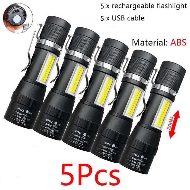 1-5Pcs Portable Mini LED Flashlight Q5+COB Lamp Beads Built In Battery Torch Rechargeable Zoom Penlight Outdoor Camping Lantern
