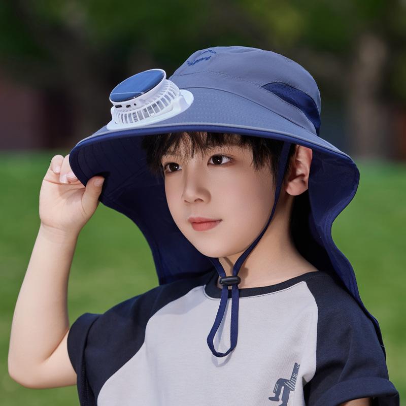 Children's hats summer boys and girls outdoor sun protection hat eaves shawl bucket hat solar fan sun hat