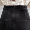 Women Midi Skirt High Waist Irregular Front Slit Design Golden Velvet Skirt Solid Color Design Leg-shaping Skirt
