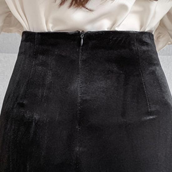 Women Midi Skirt High Waist Irregular Front Slit Design Golden Velvet Skirt Solid Color Design Leg-shaping Skirt