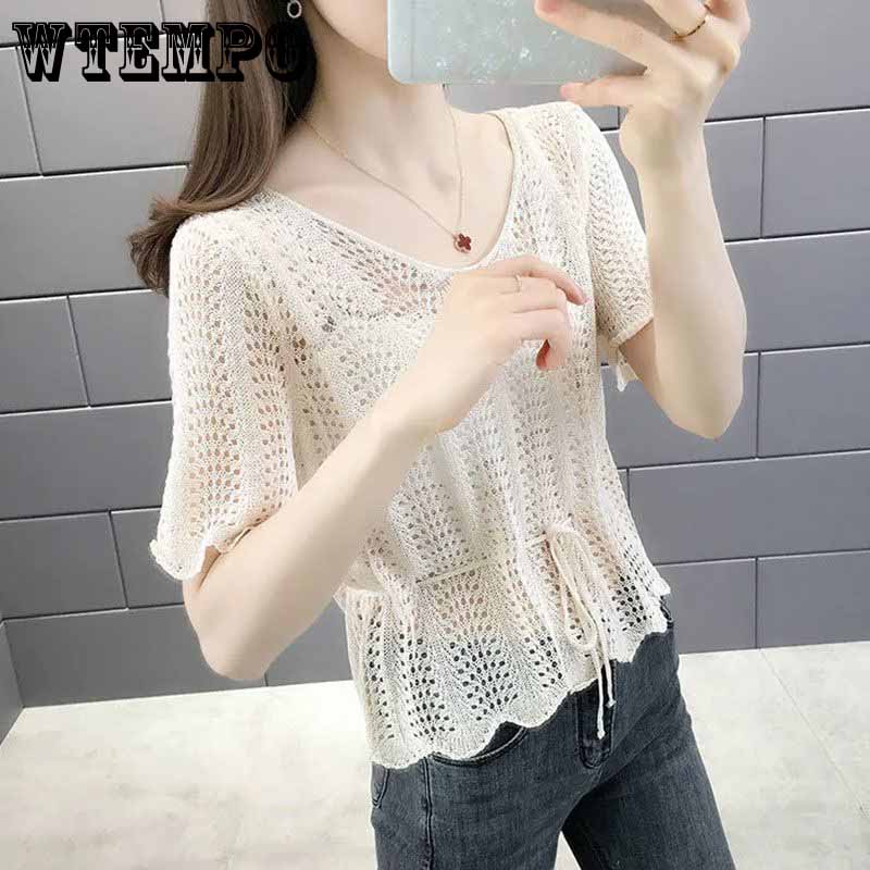 Korean Loose Drawstring Hollow Knit Pullover Blouse Short Sleeve Versatile Thin Sweater Women