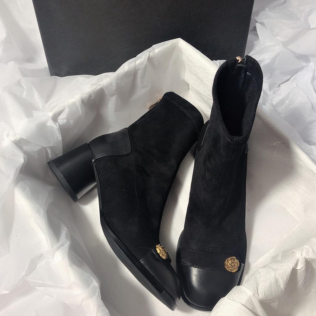 Short Tube Thick Heel Round Head Splicing Elastic High Heel Rear Zipper Women's Boots