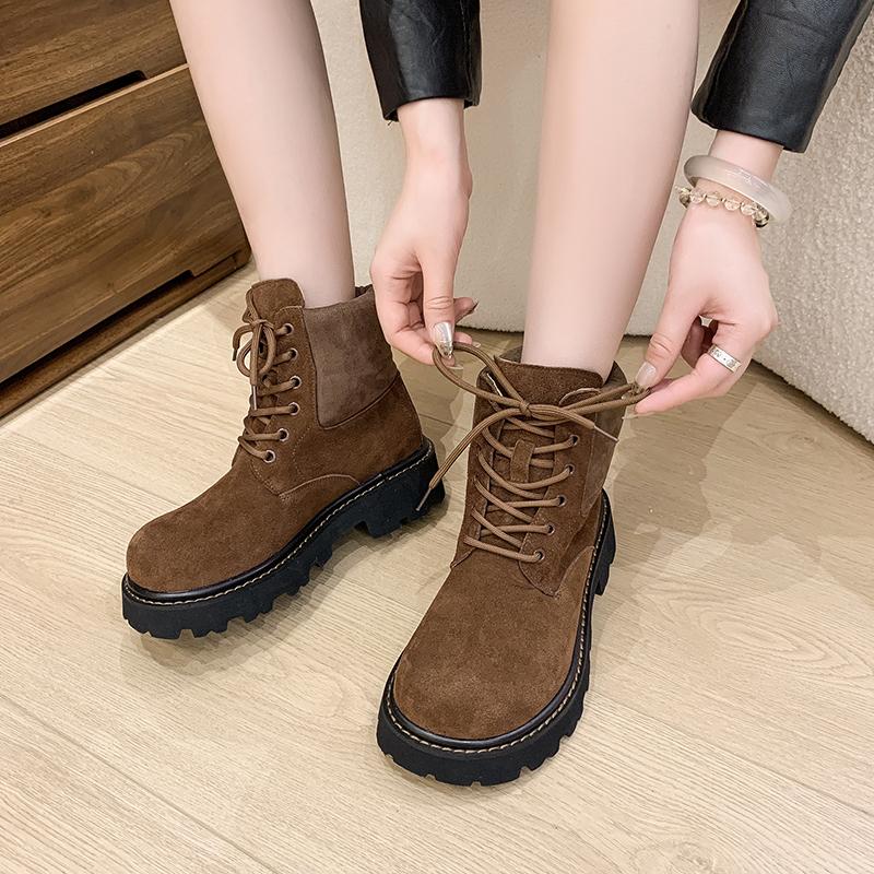 Autumn Winter Thick Sole Lace-Up Riding Boots Women's Suede Patchwork Ankle Boots Platform British Style Casual Platform Shoes