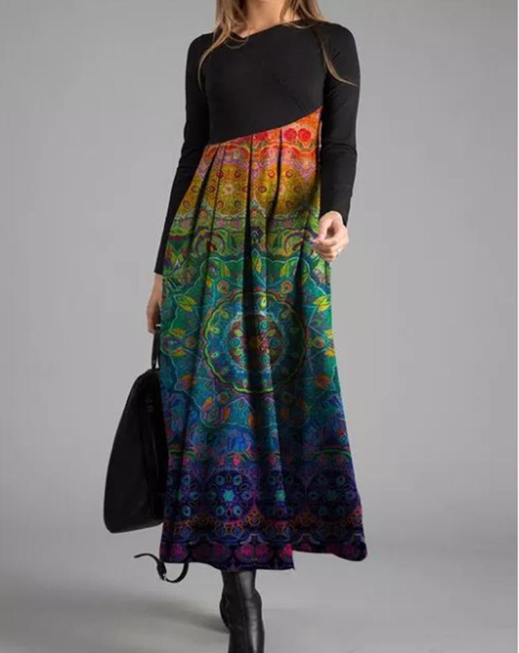 Women's Long Sleeve Black Top with Printed Maxi Skirt Dress, Bohemian Floral Geometric Pattern, Multiple Color Options