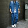 Summer Men's Stand-up Collar Washed Denim Suit Chinese Style Disc Buckle Thin Mid-sleeved Denim Shirt Top Pants