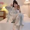 Chinese Ink Painting Printed Home Wear Summer Ice Silk Long-sleeved Pajamas Set