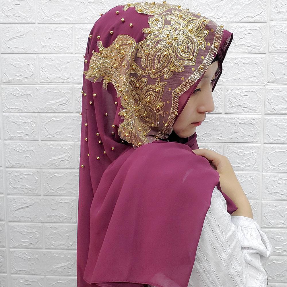 Rhinestone Beaded Chiffon Headscarf: Breathable Sun Protection Muslim Wrap In Ethnic Style