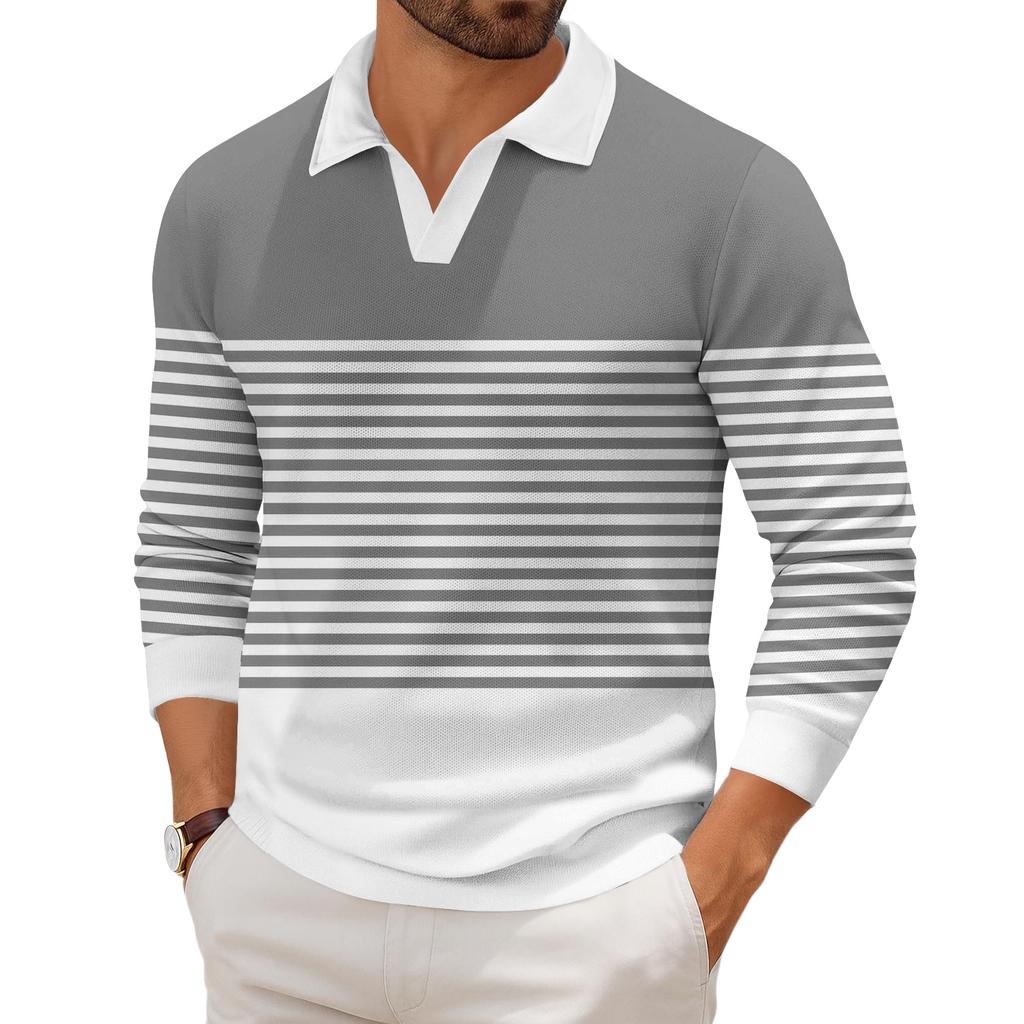 Men's Casual Fashion Printed Lapel Long-sleeved Knitted Bottoming Shirt Top