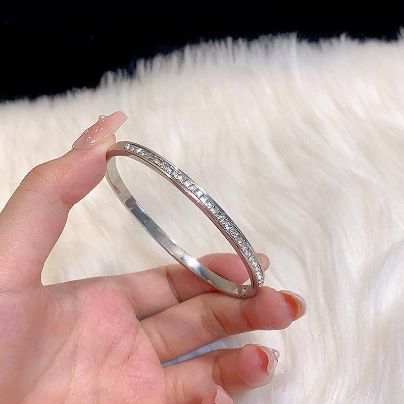 High-End Women's Silver Titanium Steel Zircon Bangle Bracelet