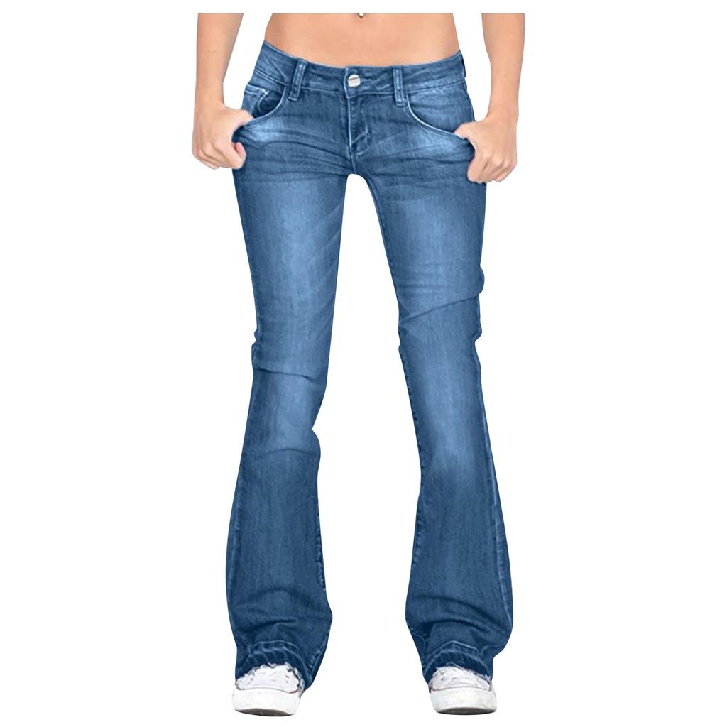 Women Flare Jeans Mid Waist Bell Jeans Stretch Slim Pants Length Jeans