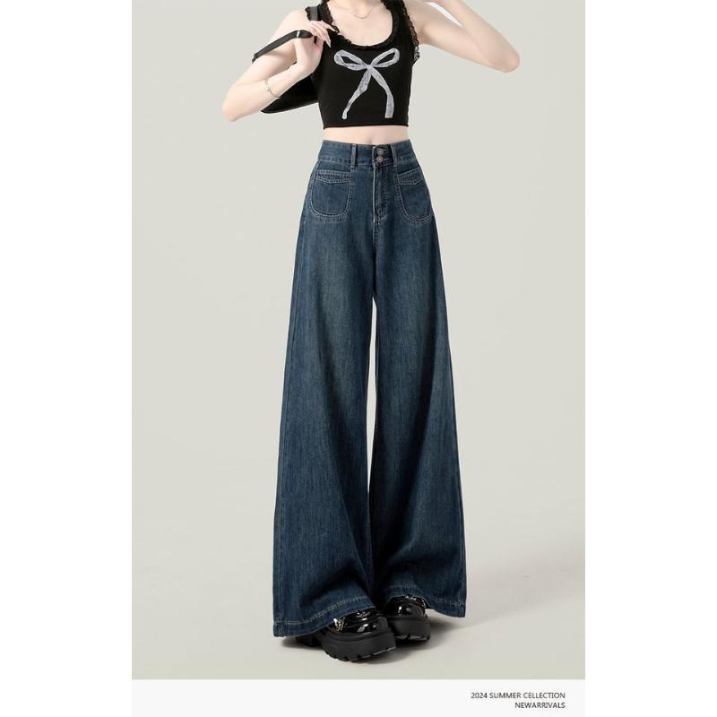 2025 Dark Blue High Waist Wide Leg Jeans Women's Summer Versatile Slimming Fall Clothes Loose Straight Pants Spring and Autumn