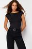 Women's Fashion New Bodysuit Black Fitted Boat Neck Flexible Snap Fastener Knitted Body