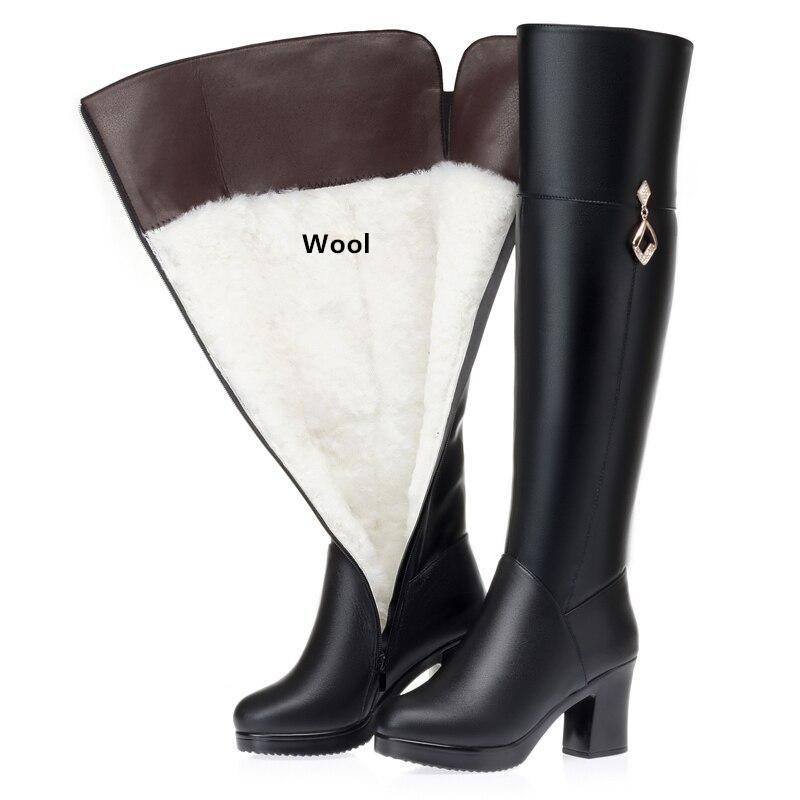 Women's Over The Knee Boots Natural Wool Genuine Leather Women Winter Boots Warm High-heel Women Motorcycle Boots