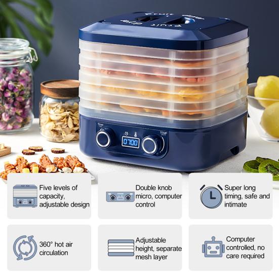 Temperature Control Food Dehydrator Machine with Adjustable Timer BPA-Free Large Capacity 5 Layers US Plug Food Fruit Dehydrator