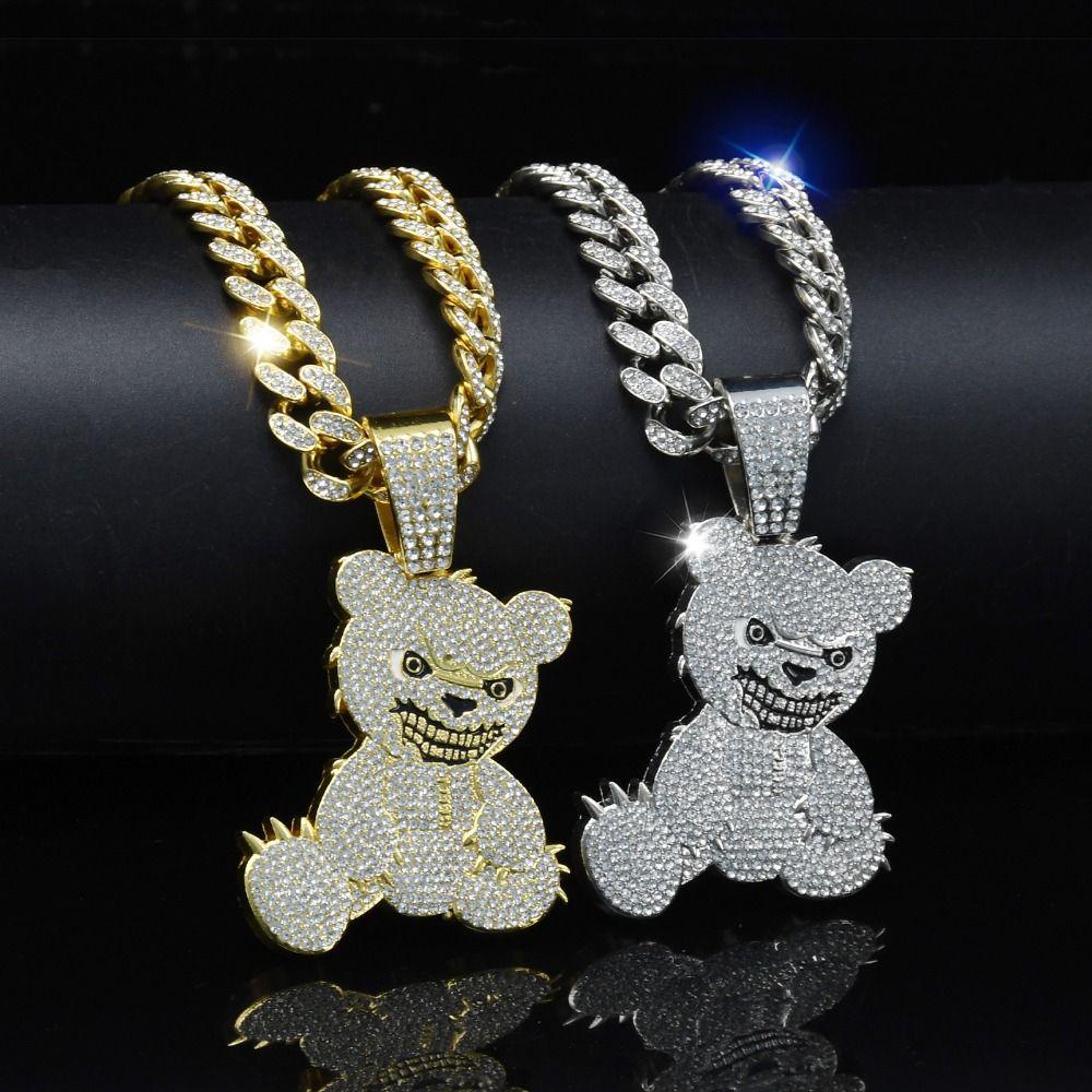 Rhinestone Pendant Necklace Bear Shape Bling Bling Necklaces New Hip Hop Necklace  For Men Women