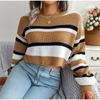 Women Autumn Winter O Neck Long Sleeve Striped Crop Loose Knit Pullover